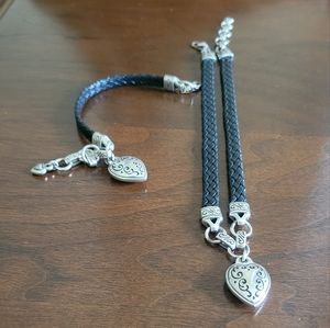 Brighton leather woven heart pendant necklace and coordinating bracelet set.